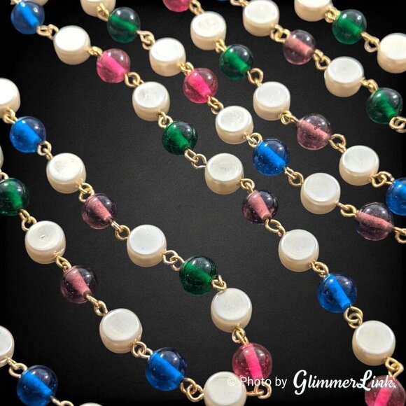 Vintage Long Multicolor Beaded Wire Faux Pearl Flapper Style Gold Tone Necklace - Picture 3 of 11